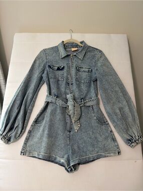 Sage + Paige Denim Belted Collared Long Sleeve Zip Romper Blue Women’s M